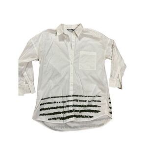 Zara Oversized White Button Down with Green Painted Stripes sz M minimalist Lage